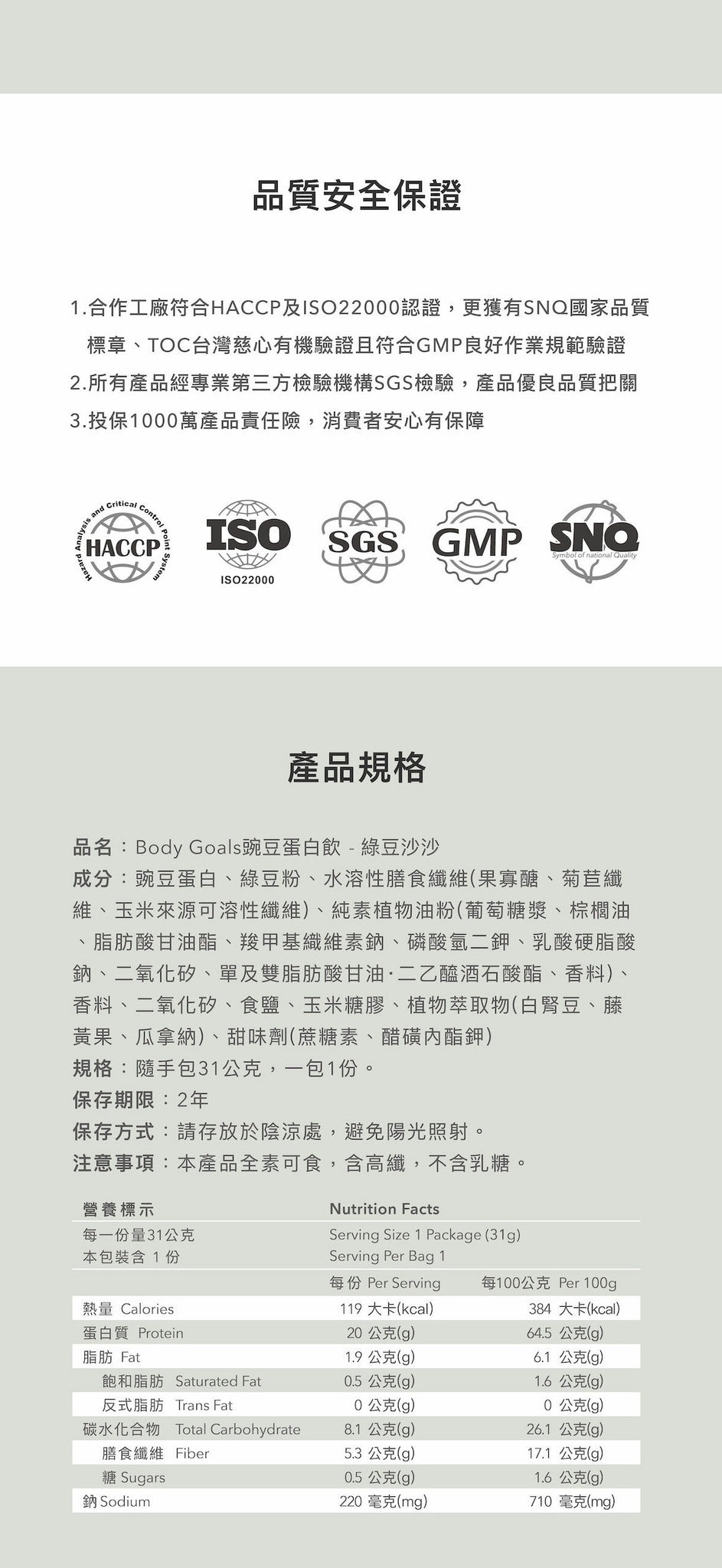Body Goals 全素多效豌豆蛋白飲 -  綠豆沙沙 31g