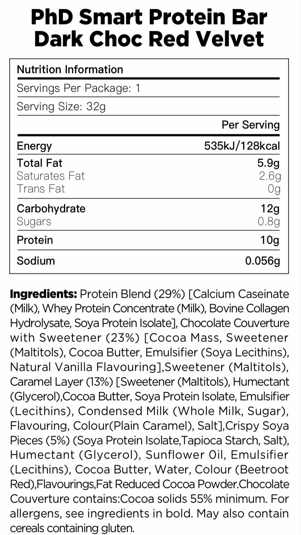 PHD Smart Bar -黑朱古力紅絲絨味 蛋白棒 Mini protein bar Dark Chocolate  Velvet Flavour 32g x 4