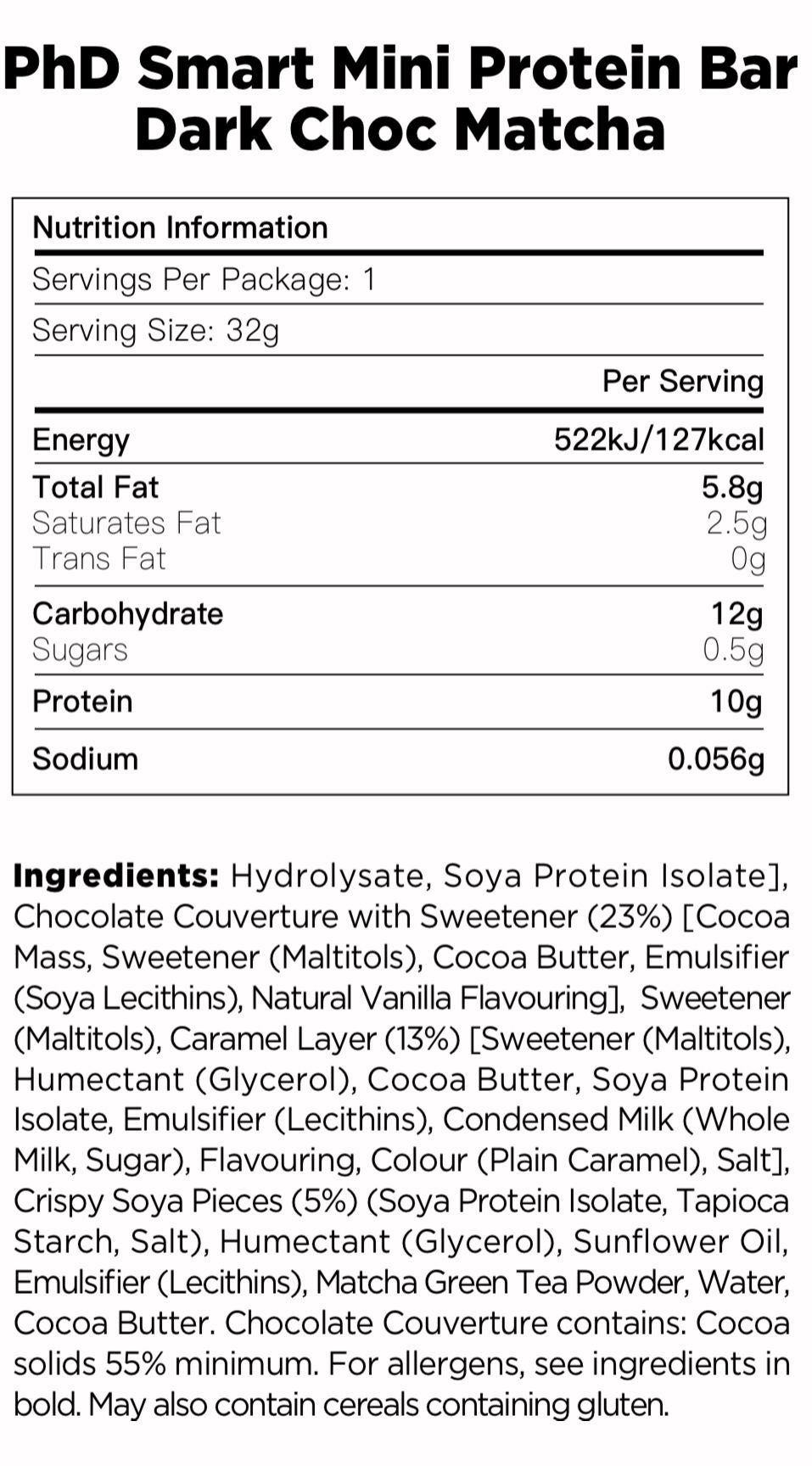 PHD Smart Bar -黑朱古力抹茶味蛋白棒 Mini protein bar Dark Chocolate Matcha  Flavour 32g x 4