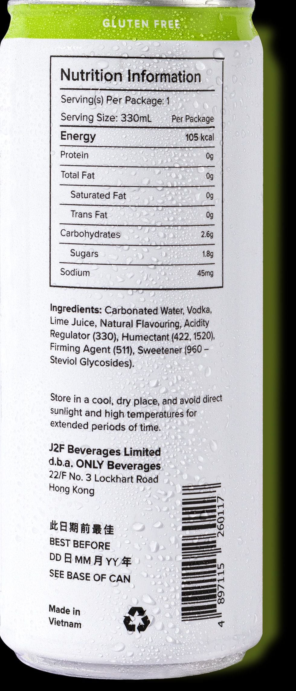 ONLY - Vodka Soda Lime 大溪地青檸 低卡零添加糖氣泡伏特加 330ml x 4