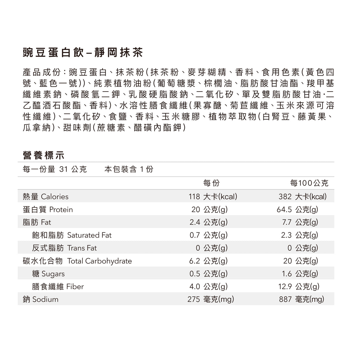 Body Goals 全素多效豌豆蛋白飲 -  靜岡抹茶 31g 官方圖片 3