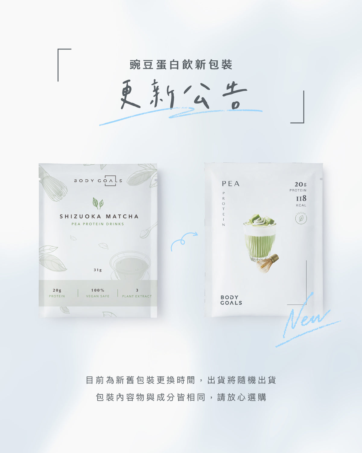 Body Goals 全素多效豌豆蛋白飲 -  靜岡抹茶 31g 新舊包裝替換公告